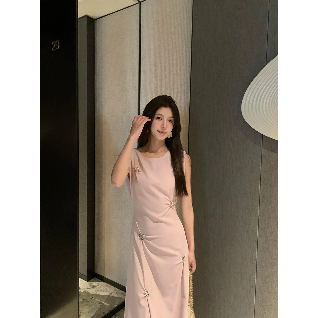 粉色无袖长款连衣裙女夏季设计感修身长裙子新
