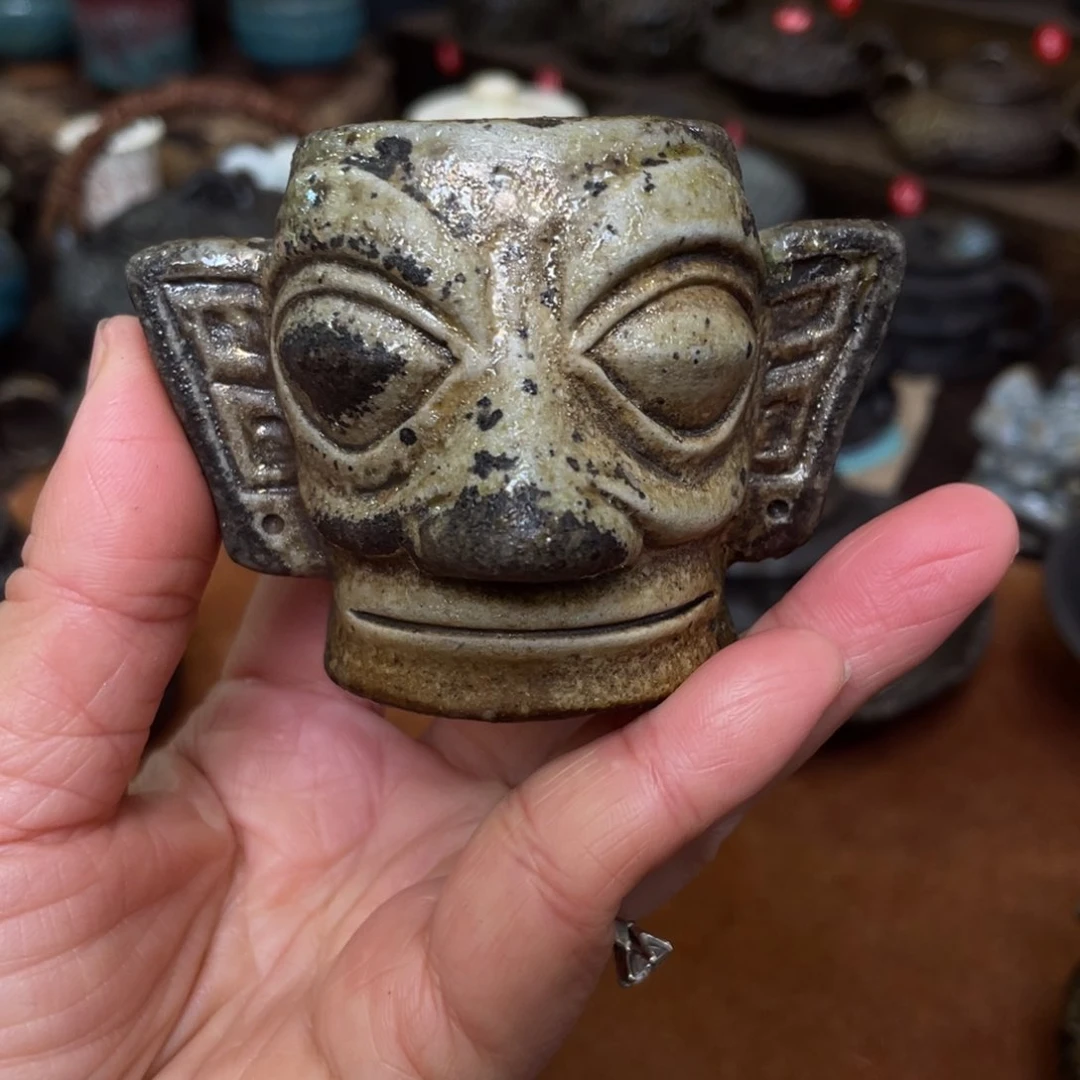 壶三星堆人脸像柴烧盖置茶宠