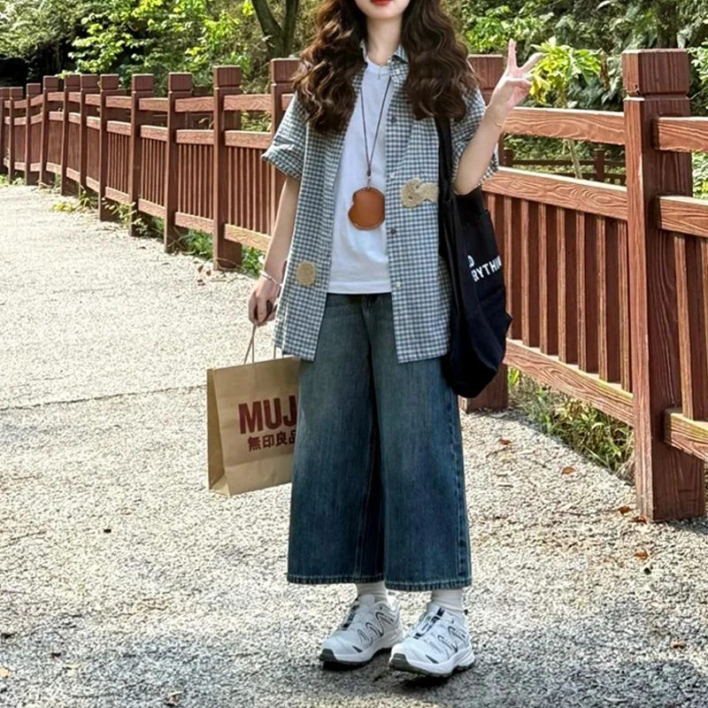 2025夏季新款韩系ins风文艺感穿搭T恤格子外套牛仔裤三件套套装女