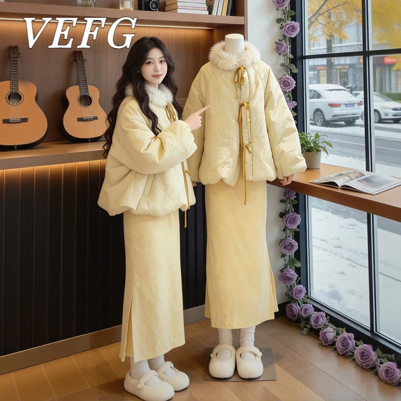 VEFG新中式超好看深冬装一整套保暖毛毛领棉服外套旗袍连衣裙两件