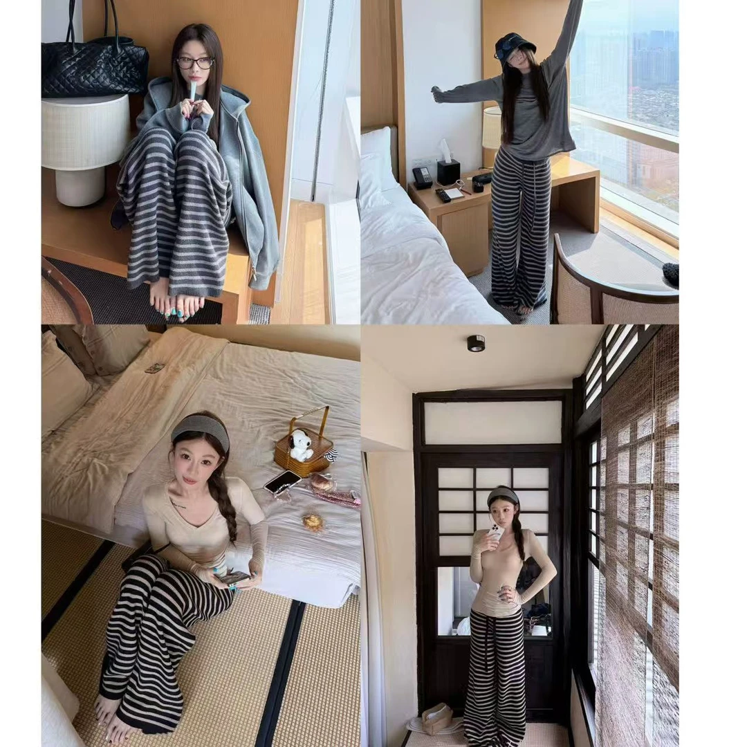 徐秋阳  出圈条纹裤  冬季新款百搭时尚休闲显瘦显白裤子YM543