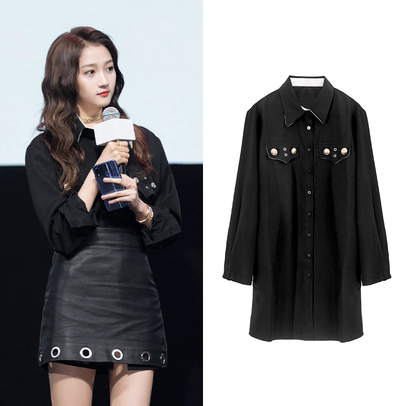 Miss Judy关晓彤明星同款韩版显瘦气质黑色长袖衬衫百搭上衣8037