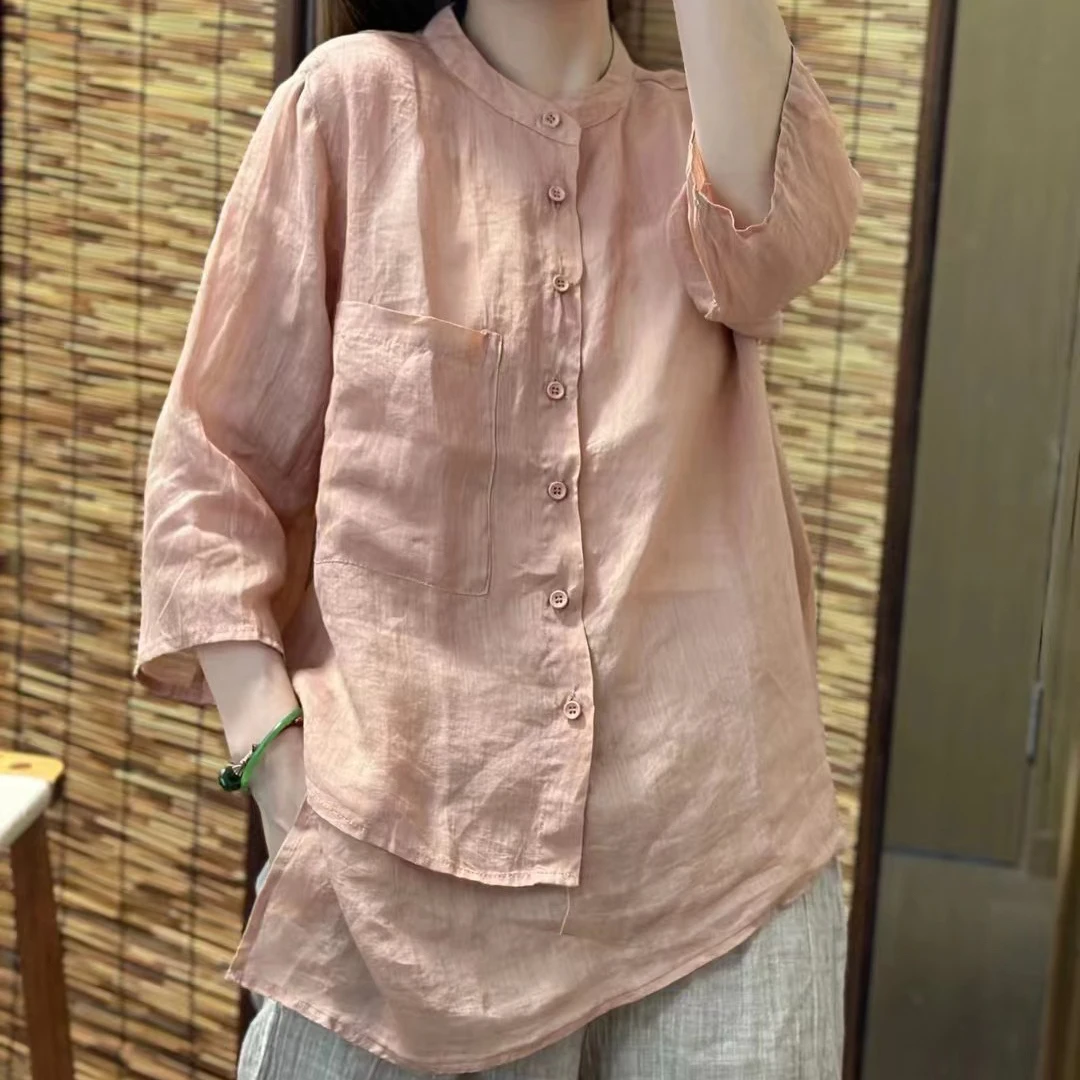 大脸萌 文艺设计师款不规则苎麻衬衫女夏季宽松立领七分袖上衣潮