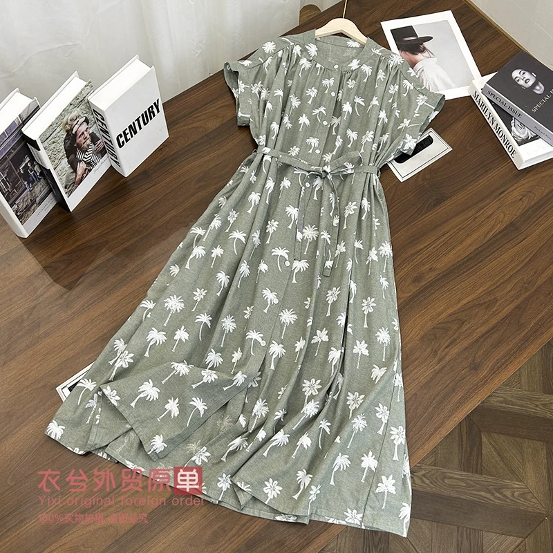 （法式棉麻开衫裙）A66312夏季新款复古印花腰带款气质连衣裙Y