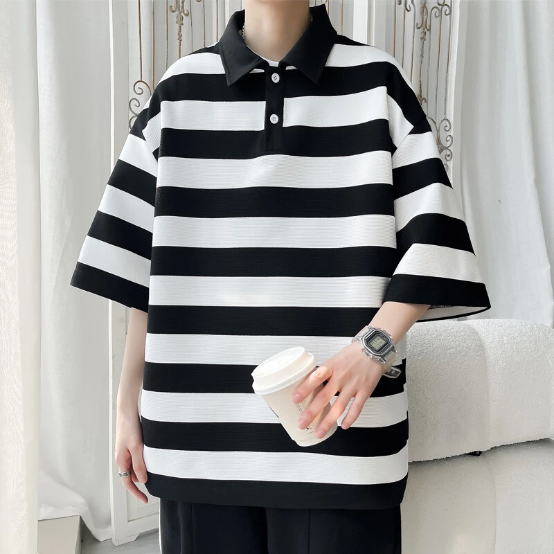 隐匿者港风休闲男士拼色条纹五分袖T恤夏季新款潮流百搭短袖T恤男