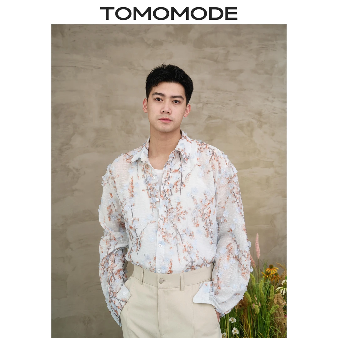 TOMOMODE韩系25SS定制款浪漫樱花满树纱织薄透遮阳防晒度假衬衫男