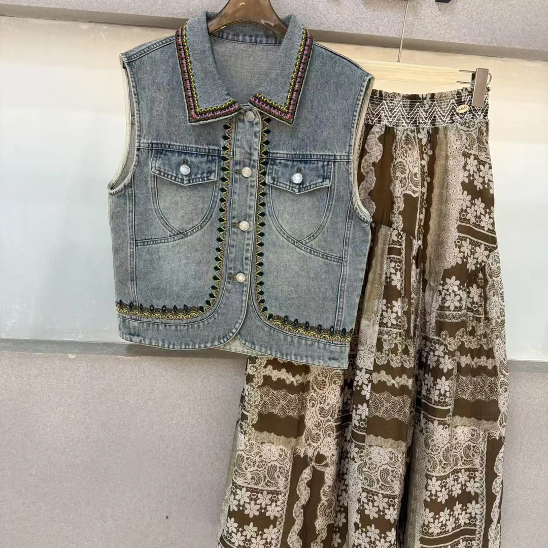 休闲风丹宁风复古风时尚套装重工潮流夏季休闲无袖马夹