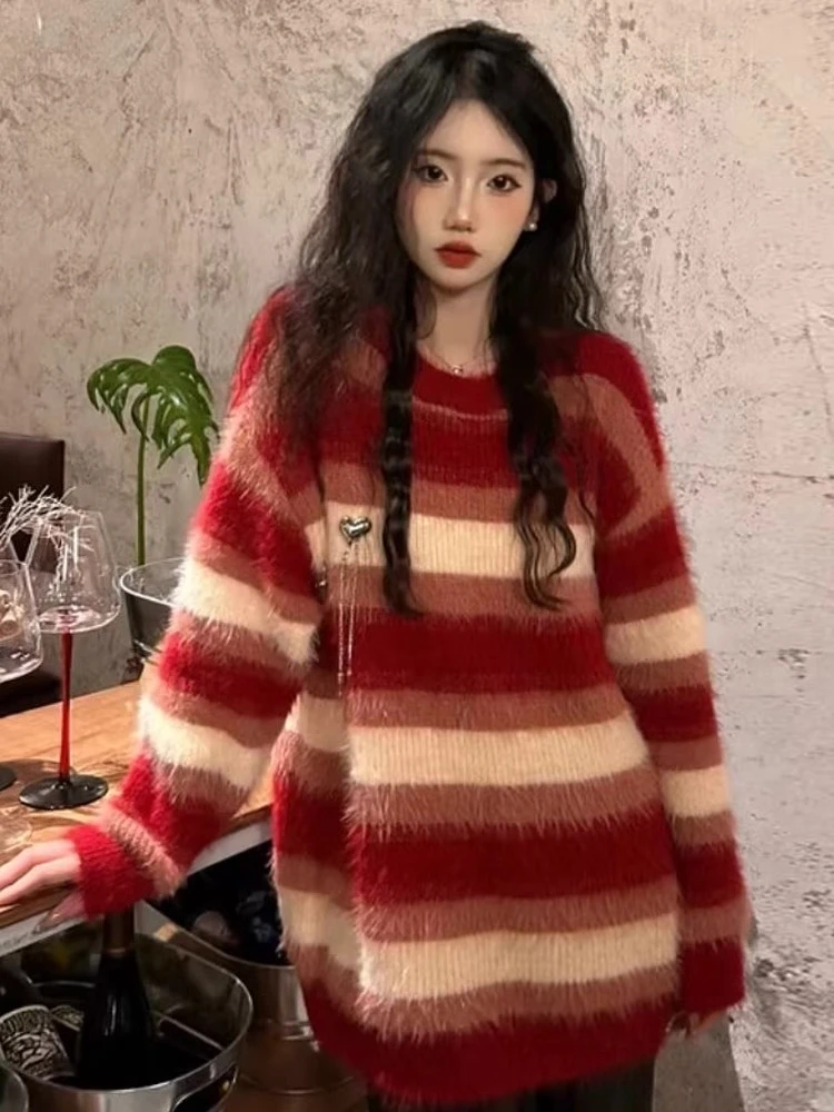 冬季仿水貂毛软糯条纹毛衣女2024新款慵懒显瘦百搭条纹针织衫上衣