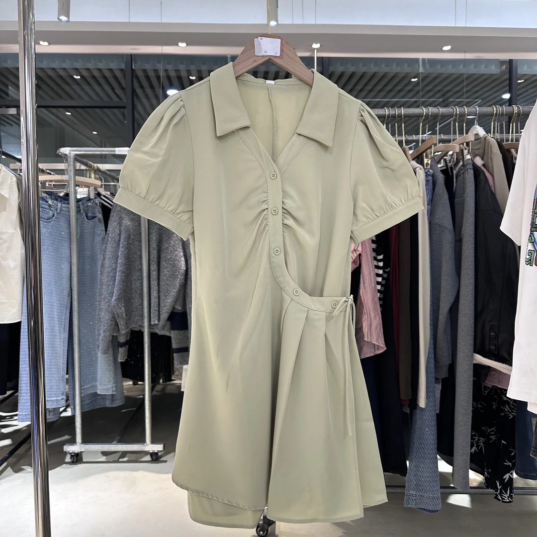 A5128法式V领短袖连衣裙2025夏季新款设计感别致收腰显瘦A字裙