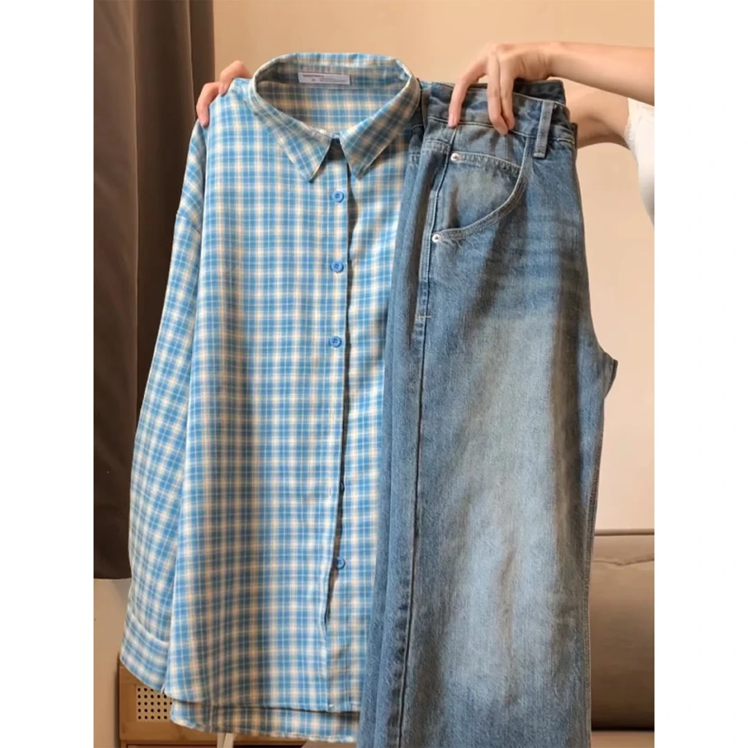 蓝色格子防晒衣衬衫女款夏日轻薄款外套宽松开衫长袖宽松复古休闲