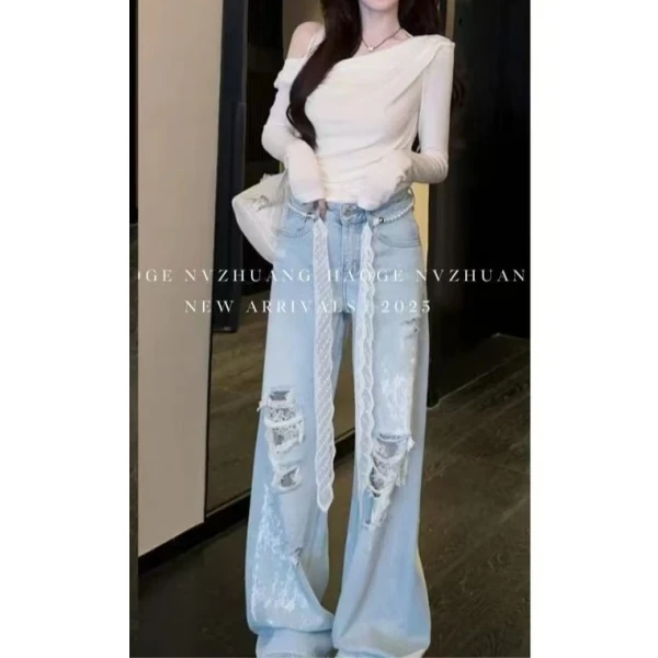 韩版破洞蕾丝直筒牛仔裤女2025春夏时尚洋气设计感阔腿宽松阔腿裤