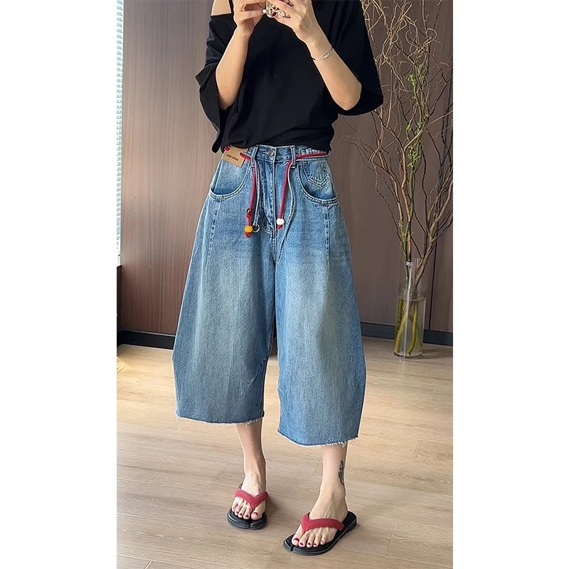 欧货高品质夏季新款弯刀七分牛仔裤女高腰显瘦百搭休闲阔腿裤裤子