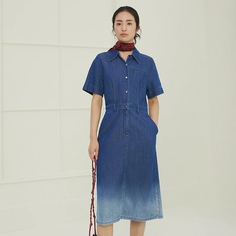 FS经典翻领渐变水洗收腰短袖连衣裙女25夏新款J420A