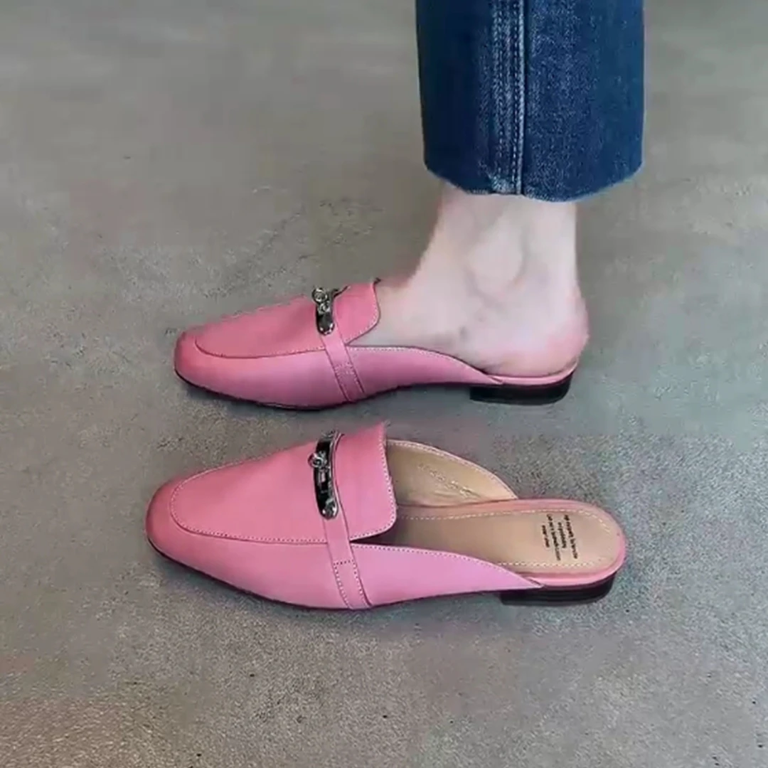 2cm牛皮平跟包头网红平底鞋休闲包头拖见详情胶粘鞋马衔扣休闲风