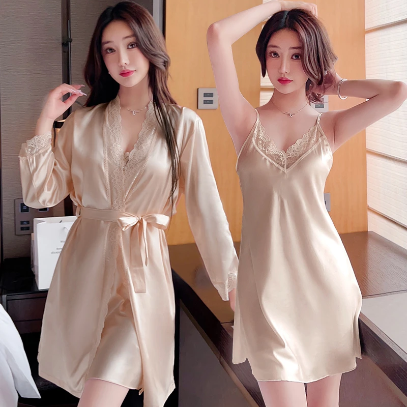浪莎女吊带短袖两件套睡裙春秋薄款裸感冰丝女士家居服套装性感