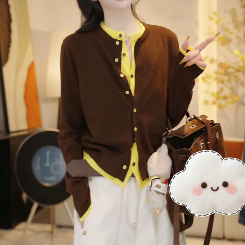 『黄雾鸢尾』新款宽松显瘦假两件拼色时尚百搭毛衣女上衣LK2506038