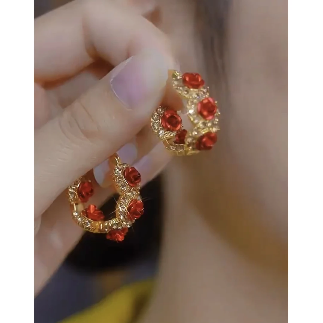 铜合金耳饰 新款轻奢【花开富贵】精致时尚气质百搭红色耳环0444