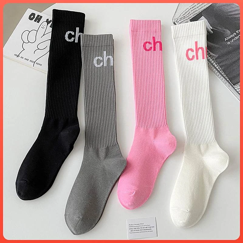袜子女美腿小腿袜及膝袜粉色高筒袜ins网红字母健身运动袜百搭袜