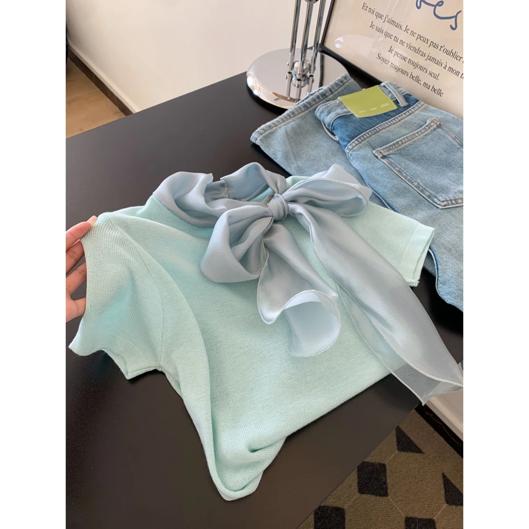 薄荷曼波绿色浅春系蝴蝶结针织短袖t恤打底衫内搭洋气衣服女上衣