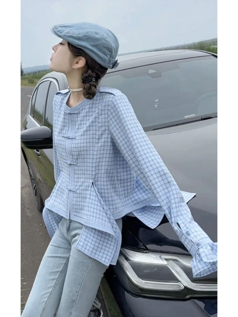 2025秋季新款今年流行女装小个子高级感简单大方蓝色格纹衬衫上衣