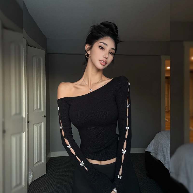 HELEN【前后两穿】斜肩性感上衣女镂空露肩针织衫修身打底衫S872