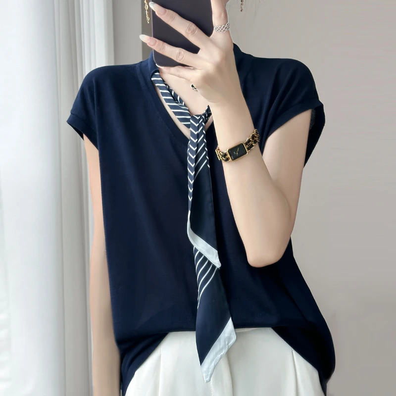 时尚品牌女装夏季新款纯色V领丝巾短袖T恤气质时尚小飞袖上衣