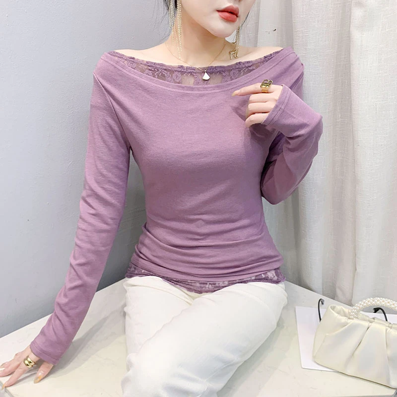 圆领蕾丝拼接打底衫2025年春秋新款修身显瘦纯色长袖百搭显瘦T恤