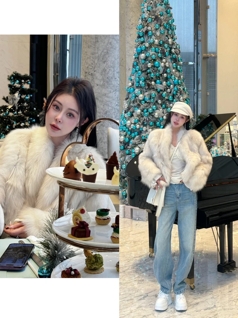 WT85依美丁【芬兰落雪】时尚气质狐毛草草外套