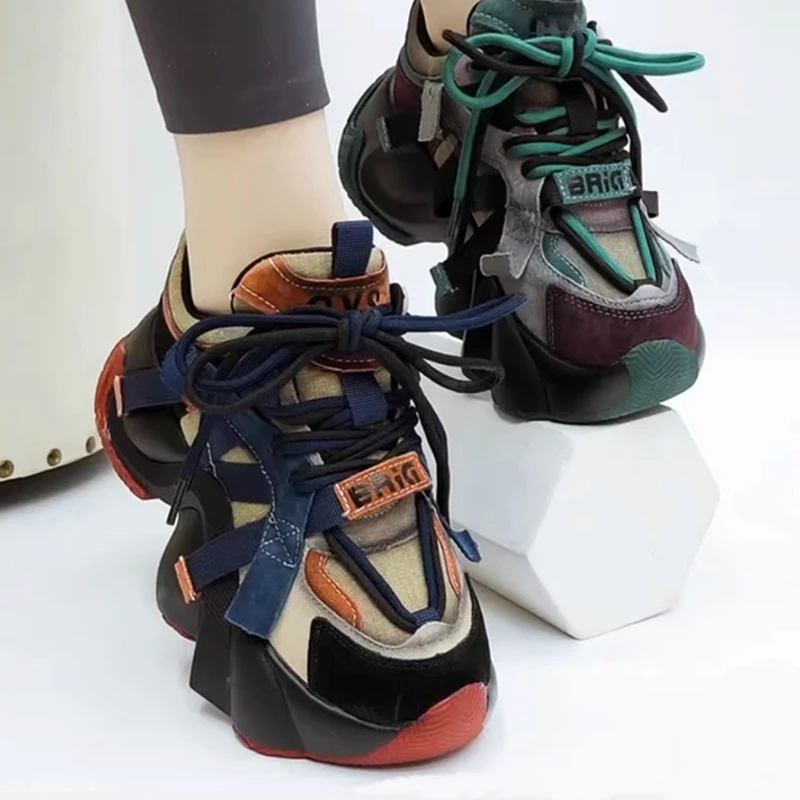 真皮运动鞋女春秋季圆头新款松糕厚底增高女鞋系带休闲鞋老爹鞋子