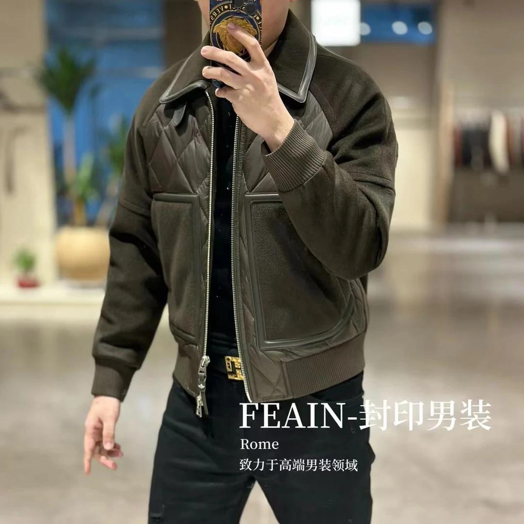 【100%羊毛鹅绒】高端定制男士全羊毛鹅绒真皮拼接羽绒服3375