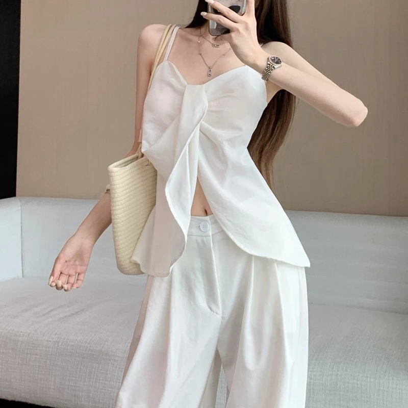 白色高级感气质套装女夏季时尚别致吊带上衣高腰阔腿裤休闲两件套