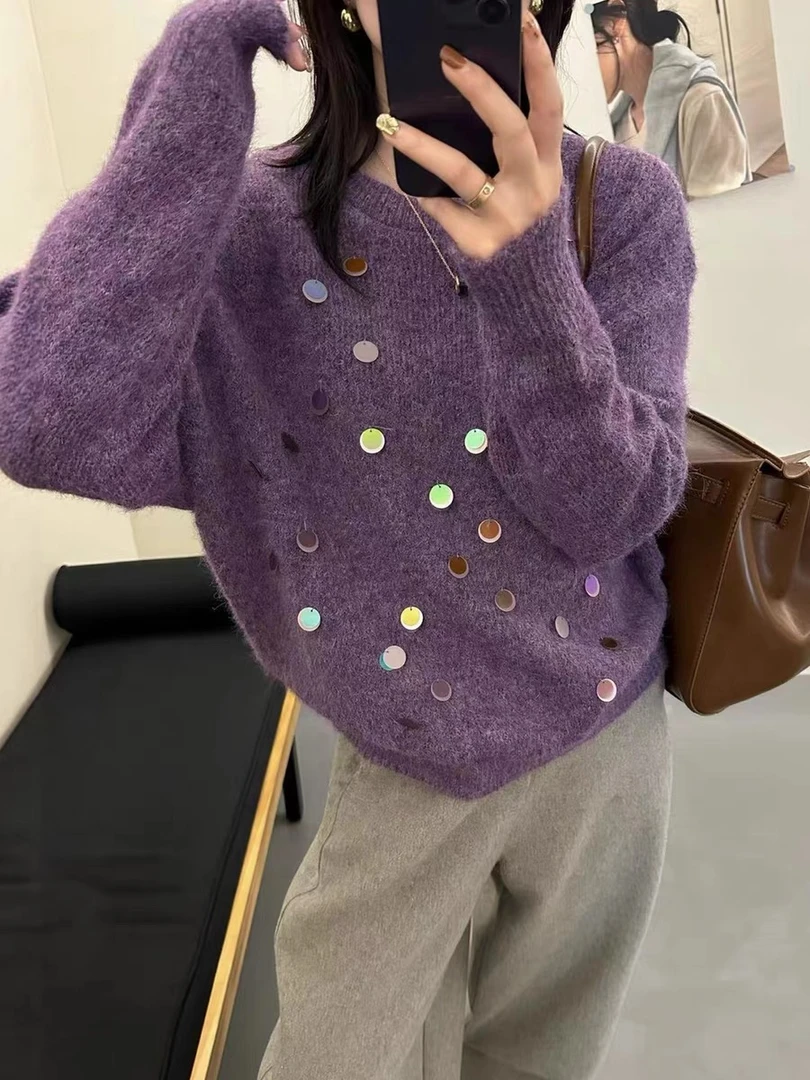 MeiQi 泡菜订单！软糯焕雄设计感亮片圆领套头针织衫长袖秋冬A3729