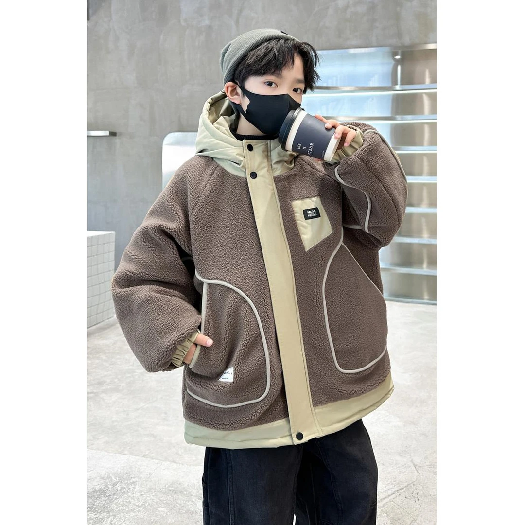 男童外套秋冬款2025年新款儿童加绒加厚毛毛衣冬季连帽中大童冬装