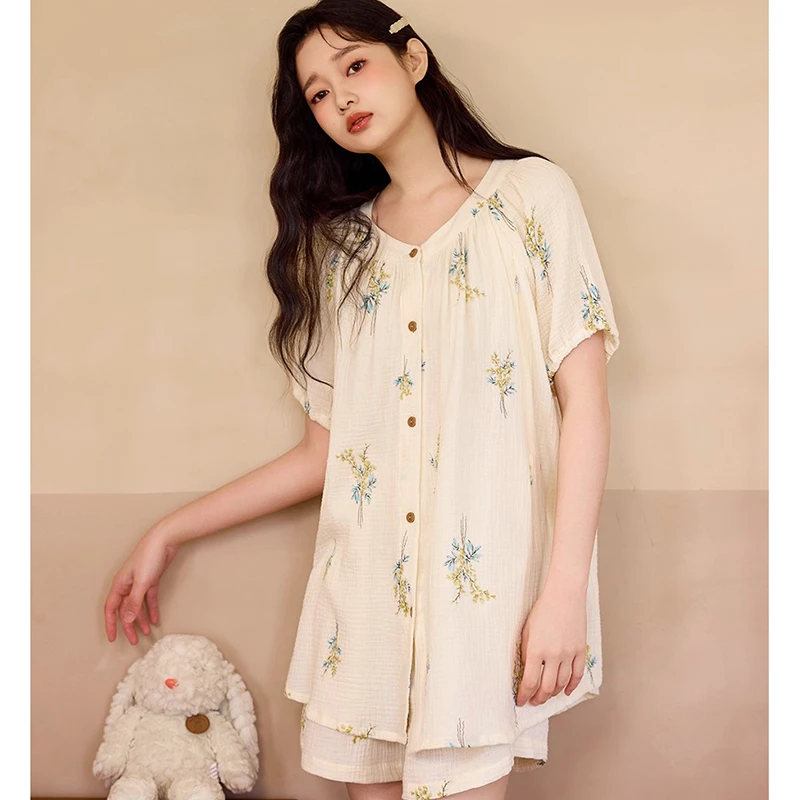 短袖棉纱哺乳睡衣夏薄款纯棉产后短裤孕妇喂奶家居服套装8998