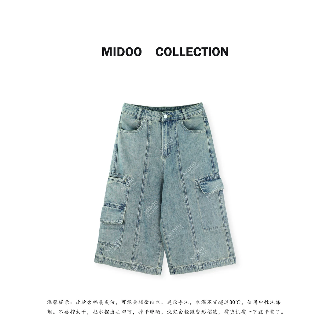 MIDOO ‘怀旧水洗’设计感不对称口袋牛仔七分裤