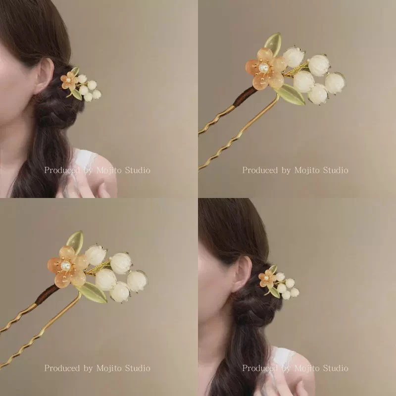 铃兰漫野~白色铃兰花发簪新中式丸子头盘发u形高级感旗袍汉服发饰