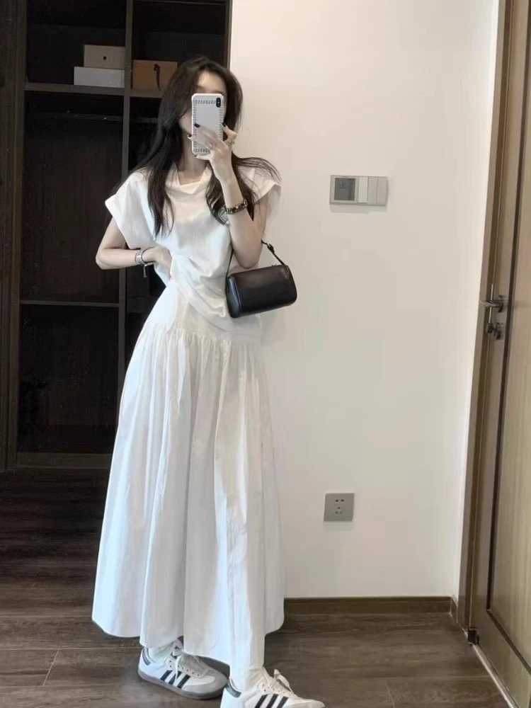 韩系夏日穿搭一整套通勤休闲时尚洋气减龄白色短袖上衣半身裙套装