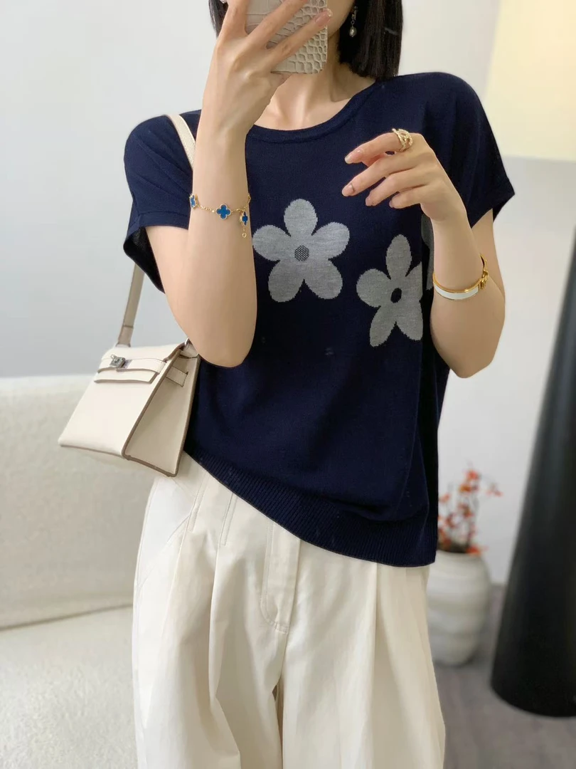 夏季薄款花朵针织短袖女2025新款短款上衣显瘦气质