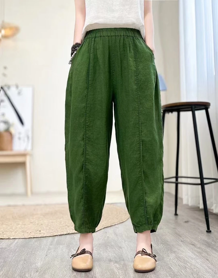 素弗》K-303夏季纯色亚麻休闲裤高腰百搭九分裤哈伦裤