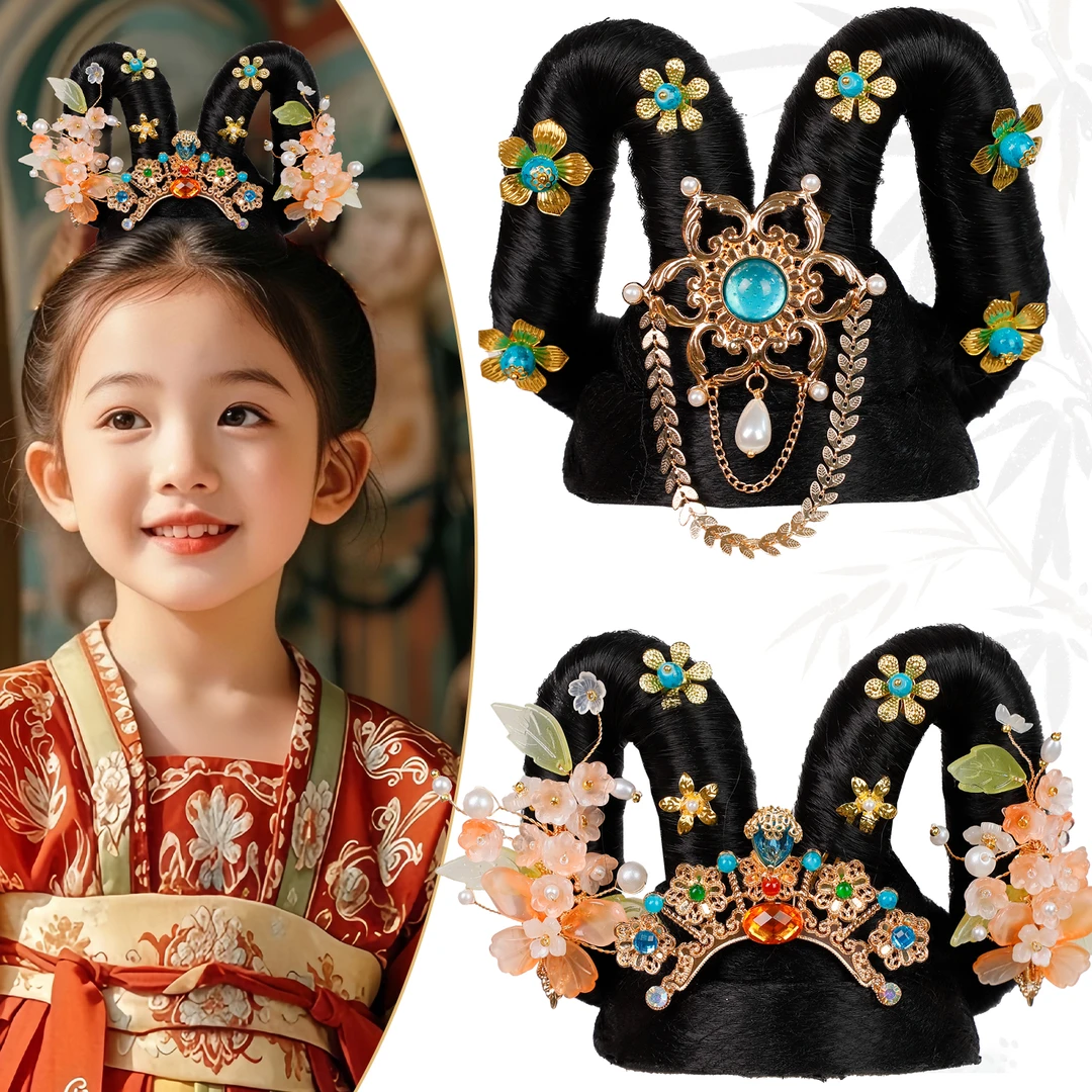 古风假发发髻汉服头饰唐风儿童敦煌飞天女异域风造型舞台发饰组合