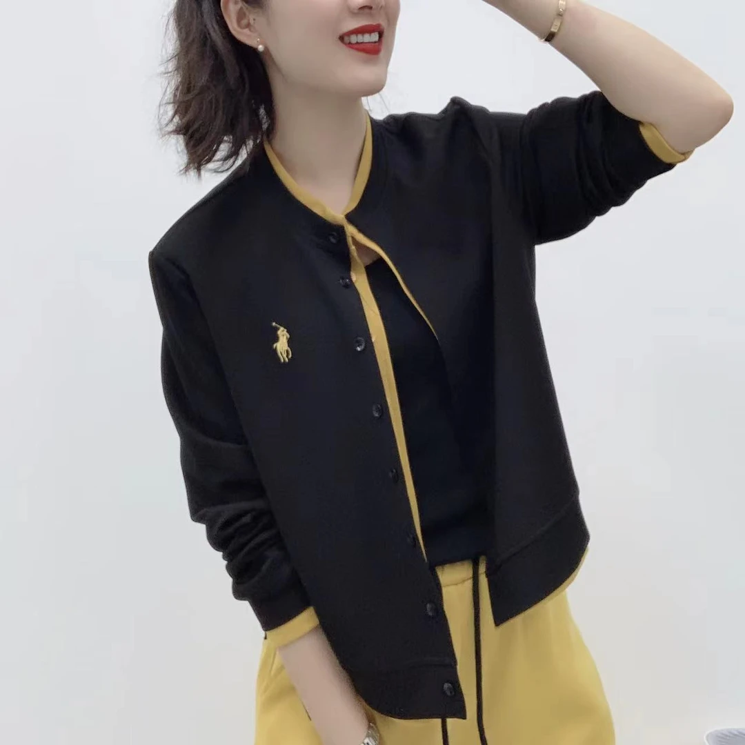 春季新款撞色刺绣圆领假两件女士小开衫