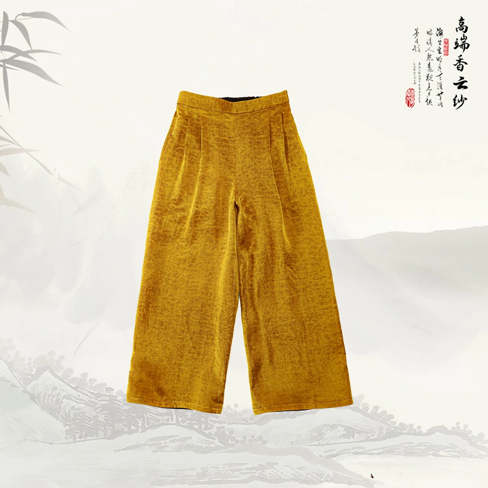 新款香云纱百搭显瘦纯色龟裂纹后松紧大裤腿阔腿裤526324