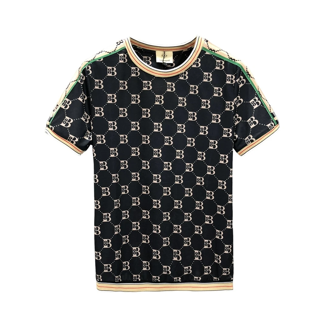 米茨波丹织带款冰丝滑料短袖t恤男潮牌痞帅2025夏季新款男士上衣