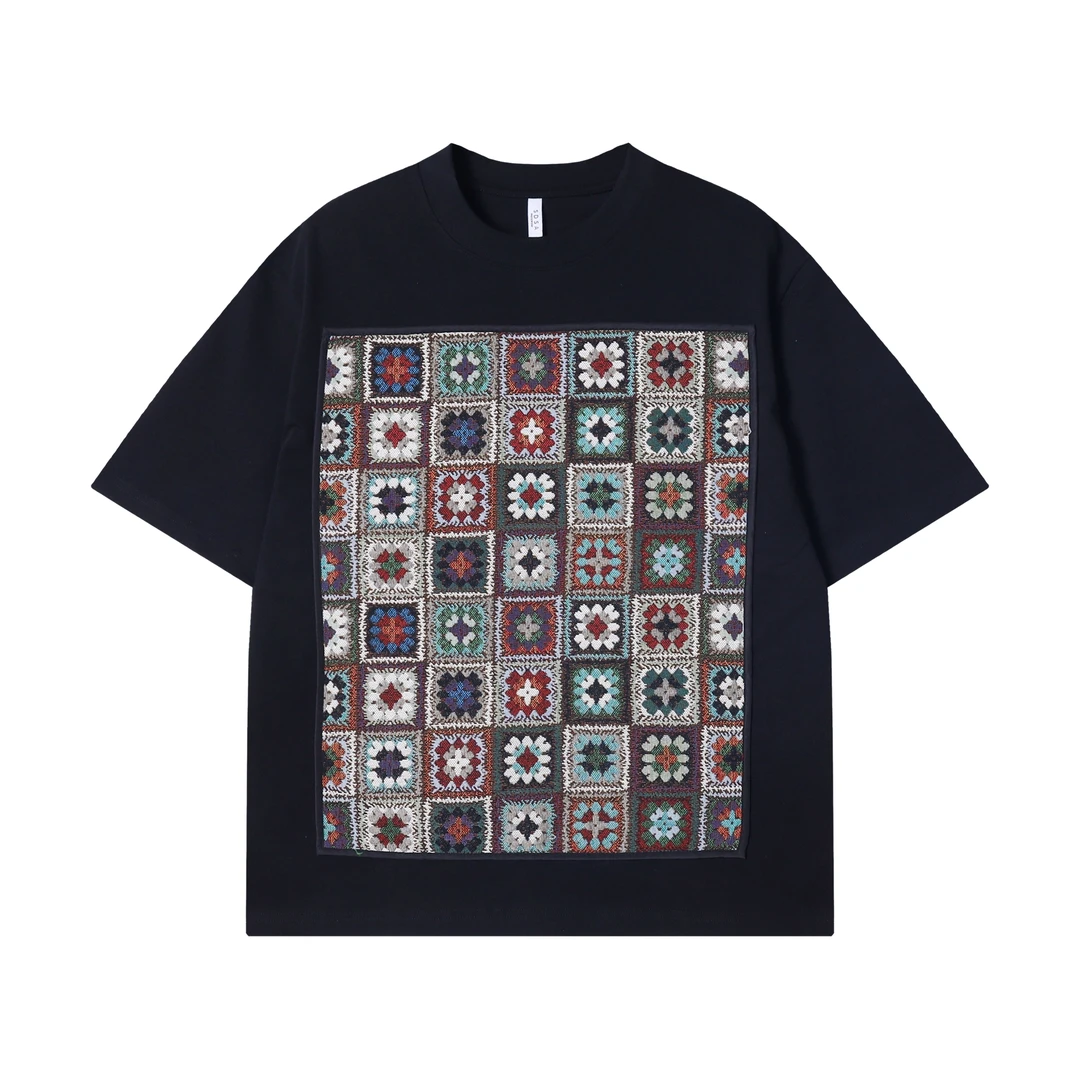 夏季高级感新款国风撞色刺绣花卉圆领短袖T恤复古宽松休闲上衣