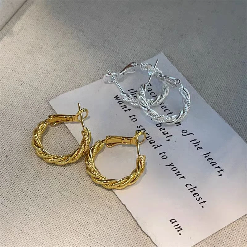 金属风法式设计感圆形圈圈简单百搭耳环高级感复古麻花耳圈耳饰