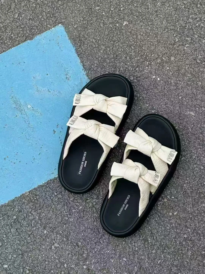 恰逢景梅子自留款凉鞋厚底时尚交叉夏季百搭踩屎感蝴蝶结凉拖鞋女