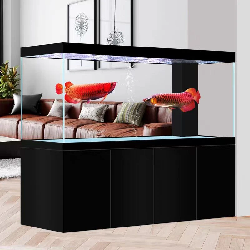 新款超白玻璃办公室龙鱼缸中大型生态底滤家用落地客厅铝合金底柜