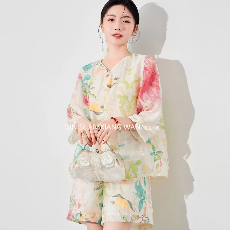 【序曲】国风新中式夏季时尚印花透气舒适上衣+短裤时尚两件套装