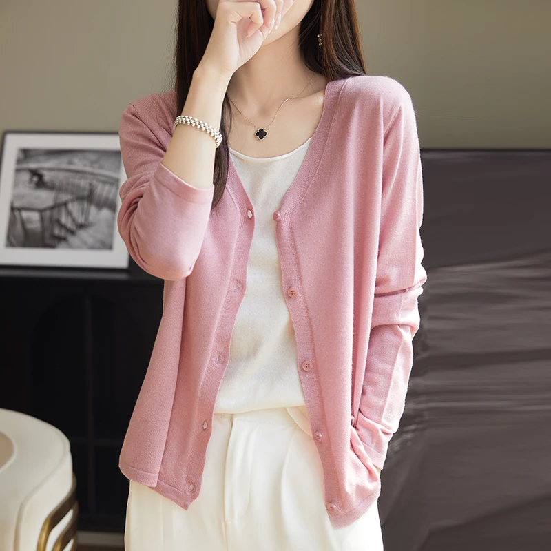 假两件v领精纺天丝羊毛桑蚕丝长袖针织衫短款百搭薄款春秋春夏