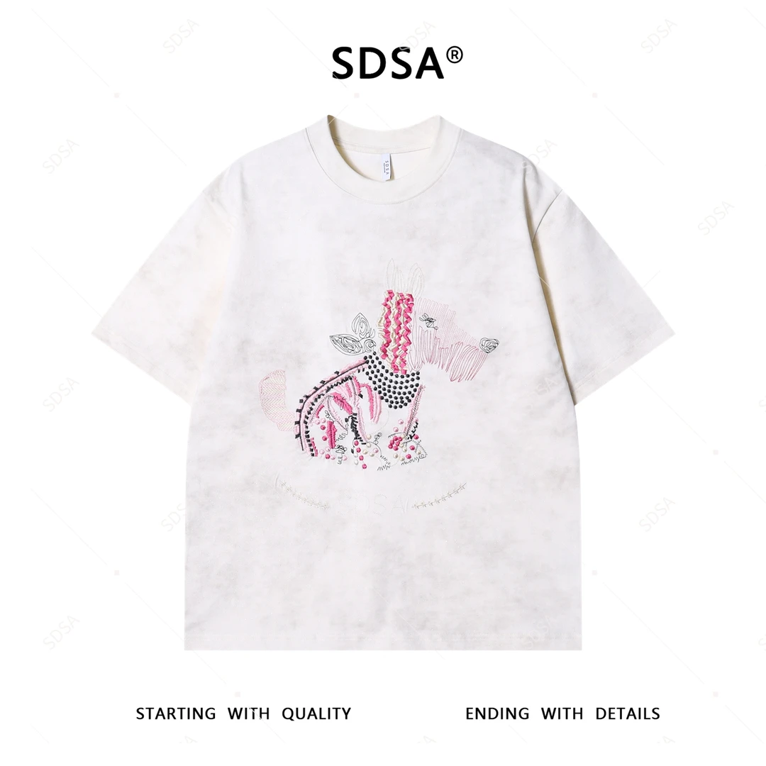 夏季高级感新款男士满天星重工刺绣抽象动物短袖T恤百搭圆领上衣